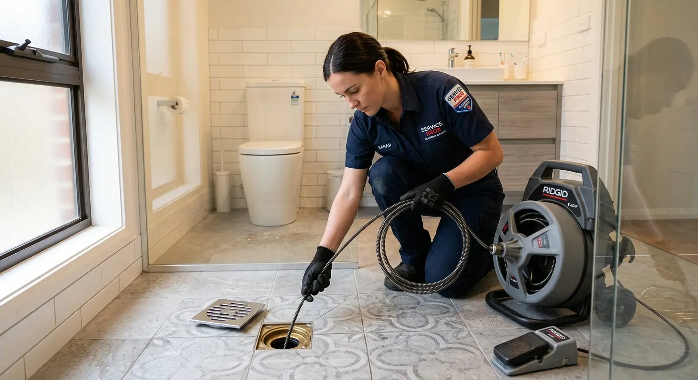Technician clearing a bathroom floor drain for Clogged Drain Repair in Bethel Park